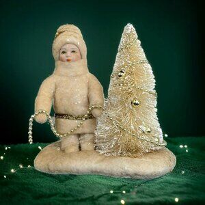 Bethany Lowe Snow Kids Spun Cotton Boy Girl Bottle Brush Tree Christmas Holiday